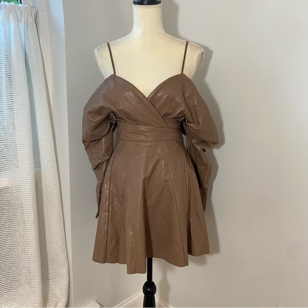 ASOS DESIGN slouchy off shoulder mini dress Taupe In Faux Leather size 4 NWOT